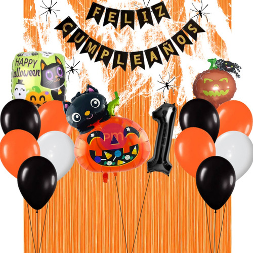 Combo Cumpleaños Globos Tematica Halloween Blanco Naranja