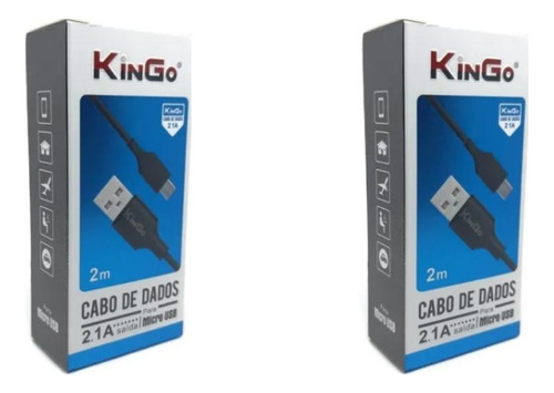 Kit 2 Cabos Usb V8 Kingo Preto 2 Metros 2.1a Para Galaxy J6
