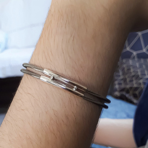 Bracelete Masculino Aço Inox Com Prata 950 Lisa Dupla