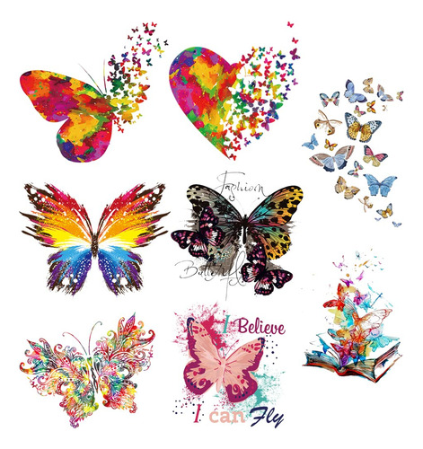 8 Hojas Grandes Coloridas De Mariposas Para Planchar Con Par