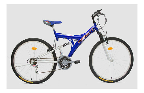 Mountain bike Peretti MTB doble suspensión R26 21v frenos v-brakes color azul con pie de apoyo  