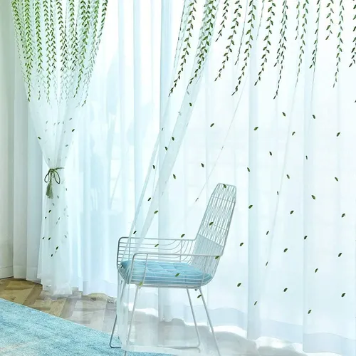 comprar Set Visillos Lino Blanco 2 Paños Verde Bordado 230x140cm