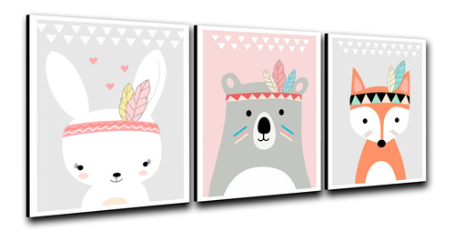 Imagen 2 de 3 de Triptico Cuadros Niños 40x30 Cms Set13 Conejo Zorro Oso