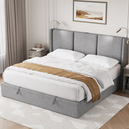 Bed Frame King Size Con 2 Luces De Lectura Color Gris