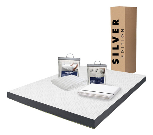 Colchón Matrimonial En Caja 10cm + Sábanas + Protector Blanco Con Gris