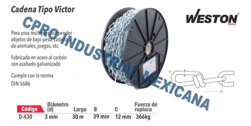 Cadena Tipo Victor 3.0 Mm Rollo 30 Metros Marca Weston P