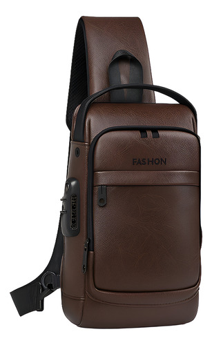 Mochila Pechera Cruzada Antirrobo + Impermeable + Usb Marrón Oscuro Liso