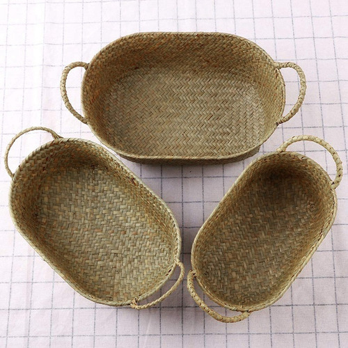 Cesta De Armazenamento Tecida Artesanal, Palha, Recipiente P