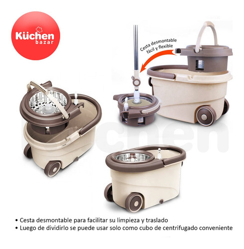 Imagen 3 de 10 de Balde Mopa Centrífuga Acero Lampazo Giratorio Con 3 Repuestos De Microfibra Ultra Absorbente Trapeador Pisos - 6 Cuotas