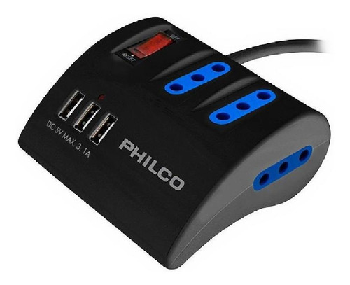 Alargador Zapatilla Con Switch 3 Usb Philco 1,5m Negro