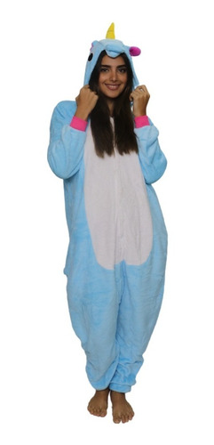 Pijama Mameluco Unicornio Azul Con Gorrito Adulto