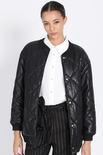 Chaqueta Bomber Acolchado Efecto Cuero, Negro Liola