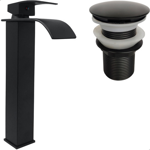 Valvula Click Preta 1 1/4 E Torneira Cascata Bica Alta Inox Kit Lavabo Banheiro Preto Fosco Torneira Monocomando Misturador E Ralo Pia 40mn Dona D.cor