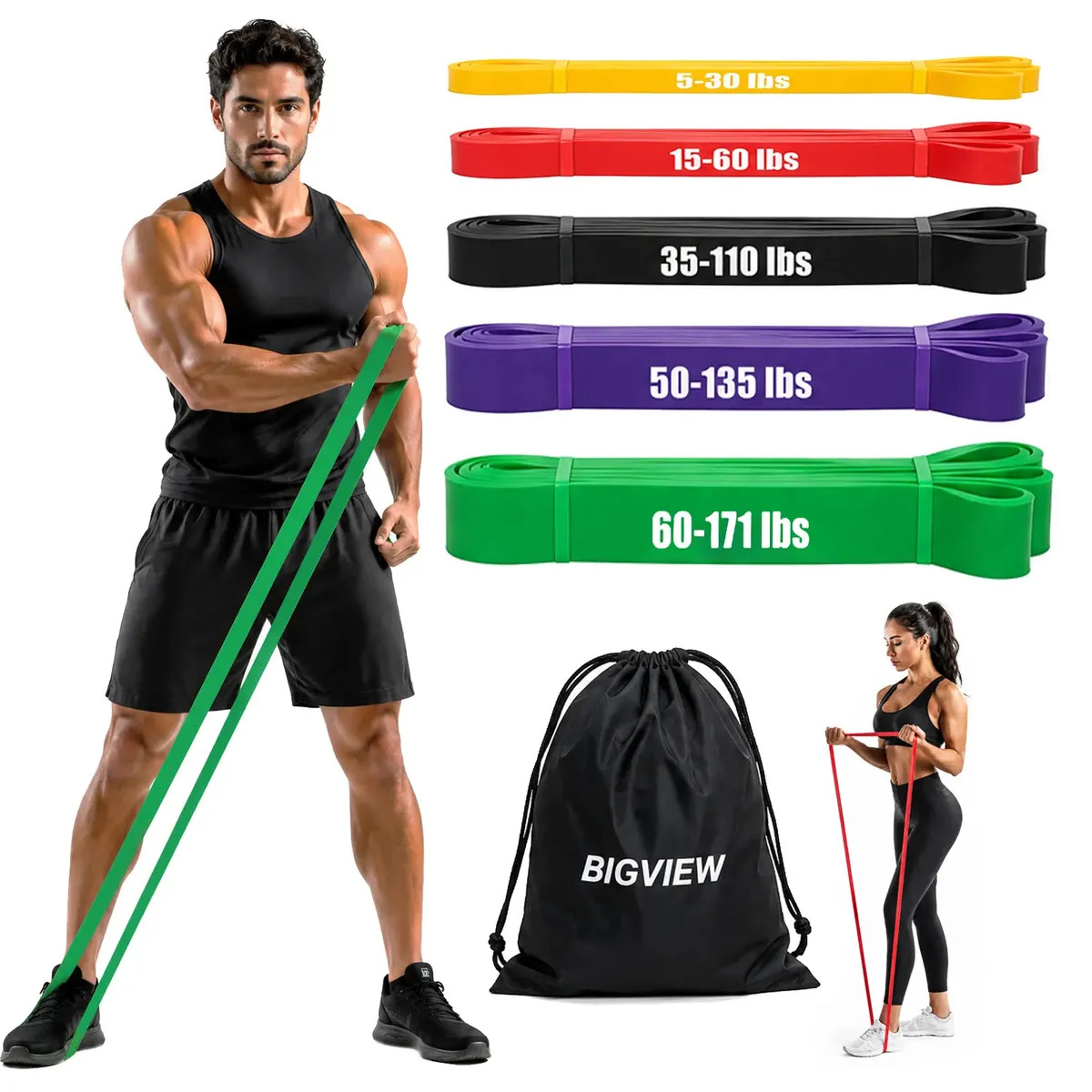 Set de 5 Ligas de Resistencia Bigview para Ejercicio y Crossfit con Bolsa
