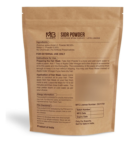 Mb Herbals Sidr En Polvo 16 Oz / 1 Lb (454 Gramos) | Elabora