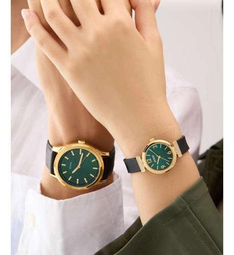Reloj Guess Mujer Verde Array Correa Negro Bisel Dorado
