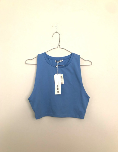 Zara Playera Corta Crop Top Azul Sin Mangas 