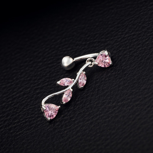 Piercing Ombligo Rama Circonitas Rosas Acero Quirúrgico Plateado