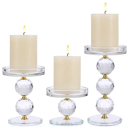 Set Of 3 Gold Crystal Glass Pillar Candlestick Holders ...