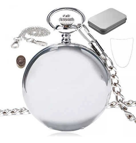 Reloj De Bolsillo A Bateria Plateado Leontina Circular Caja
