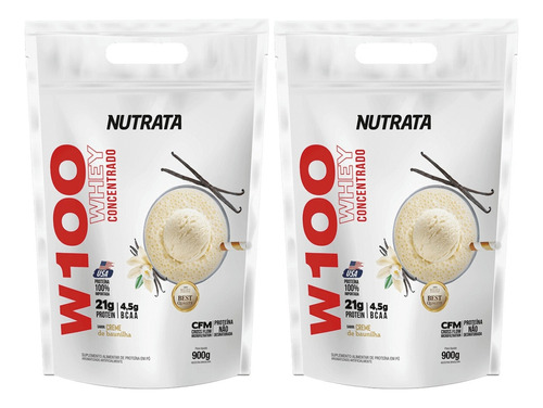 2x W100 Whey Protein Concentrado 900g Com Bcaa - Kit Nutrata Sabor Baunilha