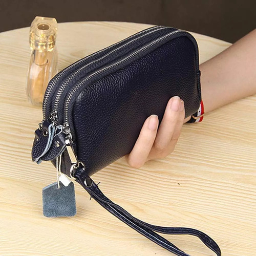Cartera Larga De Piel Auténtica De 3 Capas Con Cierre