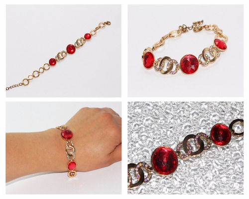 Pulsera Moda Dorado Cristales Rojos/blancos Aros Dama Pc286