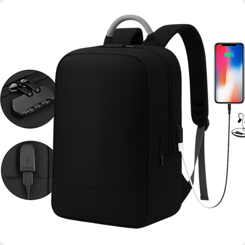 Mochila TheVisionaries Antifurto Executiva Com Cadeado Trava Segurança Porta Usb Saída Fone Ouvido Compartimento Notebook Resistente Reforçada Grande Anti Furto Unissex Masculina Feminina Trabalho