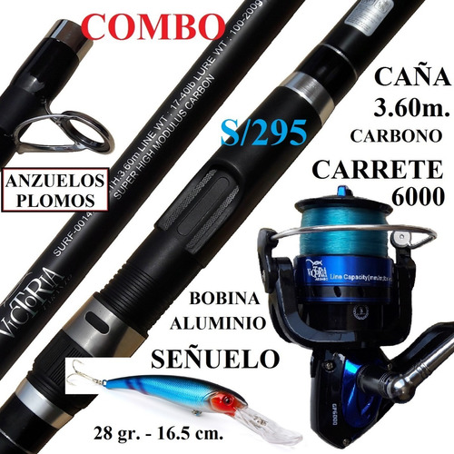 Combo Victoria Caña 3.60m Carrete Señuelo Anzuelos Pesca 