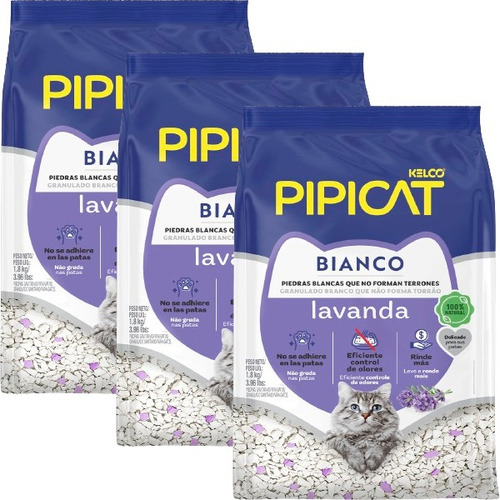 Kit 3 Pipicat Bianco Lavanda Areia Higienica Sanitaria Gato x 1.8kg de peso neto  y 1.8kg de peso por unidade