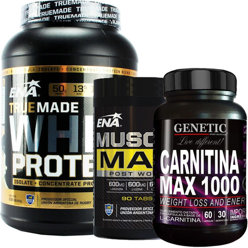 Proteina True Made Whey 1 Kilo + Carnitina + Muscle Max Ena Rapido Crecimiento Desarrollo Muscular 