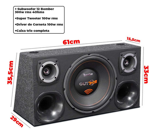 Som Automotivo Completo Caixa Trio Dutada Bomber Sub 12 Pol