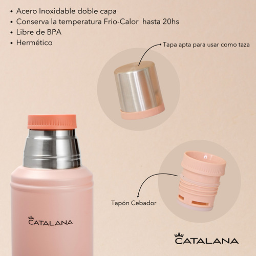 Kit Termo 1l + Mate 236ml Doble Acero Inox Frio Calor 20hs Rosa