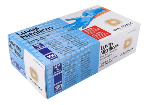 Luvas descartáveis antiderrapantes Descarpack Luva Nitrilica cor azul tamanho  M de nitrilo em kit de 20 x 100 unidades 