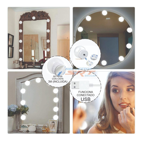 Led Espejo 10 Luces Maquillaje Makeup Deco Camarín Usb 5 Mts