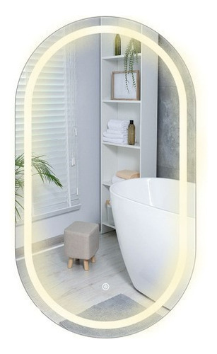 Espelho Jateado Oval Iluminado Com Led Touch Screen 100x50cm Moldura Branco Quente 3000k