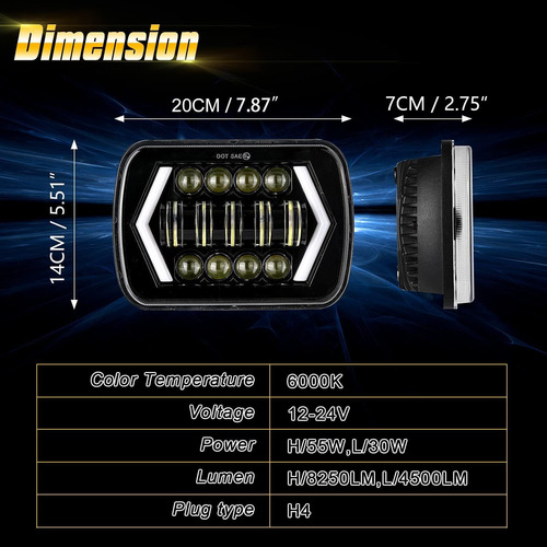 Imagen 4 de 6 de 5x7 6x7 H4 Led Faros Flecha Ámbar Jeep Cherokee Yj Xj D21