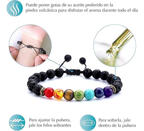 Pulsera De Ágata Negra Con 7 Chakras Y Piedra Volcánica