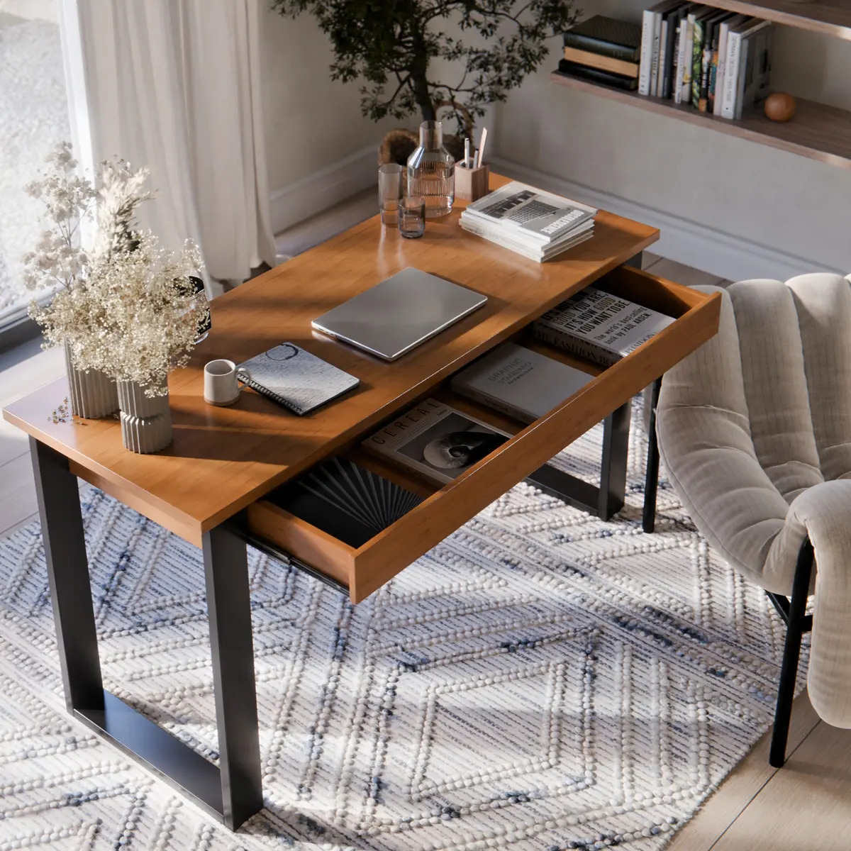 Mesa Escrivaninha Estilo Industrial Com 1 Gaveta P/ Escritório Cor Nature/preto M Casa Moveis