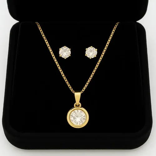 Kit Conjunto Feminino Colar E Brinco Ponto De Luz A Ouro