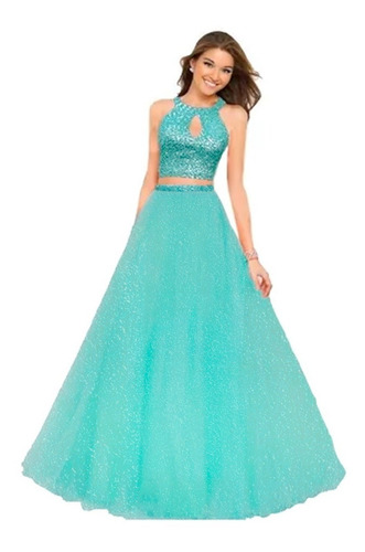 Vestido 15 Años 3 Piezas Cuello Halter Gota Verde Agua | Envío gratis Vestido 15 Años 3 Piezas Cuello Halter Gota Verde Agua | Envío gratis