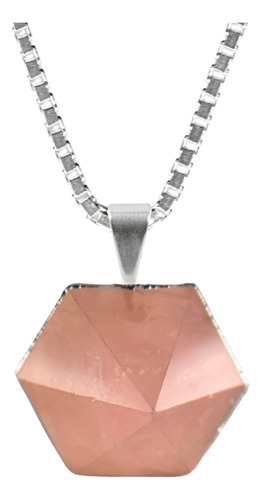 Colar Prata 925 Quartzo Rosa Hexagonal Semi-lapidado Natural