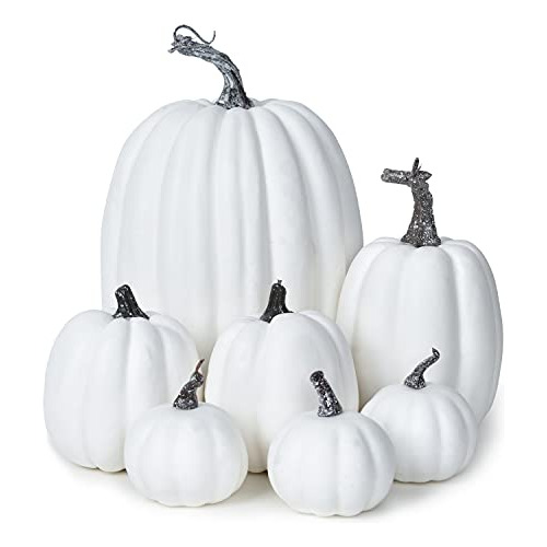 7 Piezas De Calabazas Blancas Artificiales Hojas De Arc...