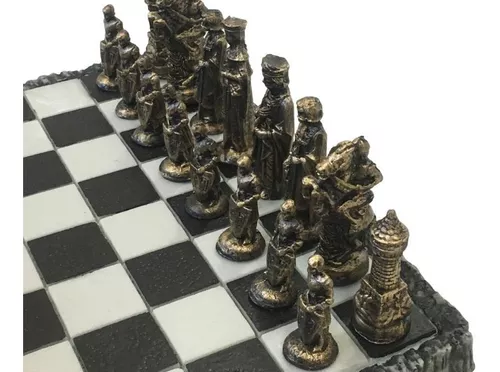Jogo xadrez pecas tematico medieval em resina tabuleiro