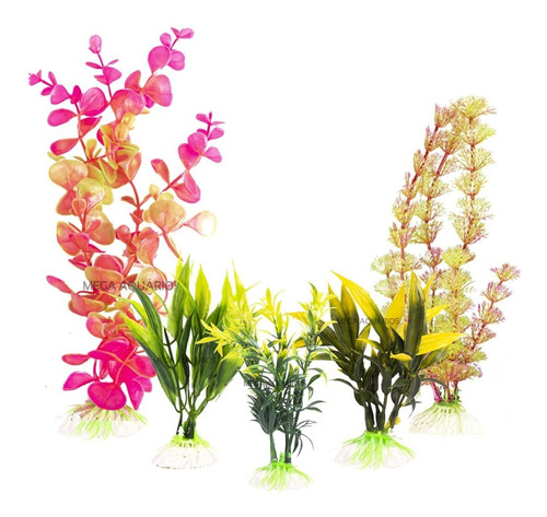 Kit A - 5 Plantas Artificial De Plástico Para Aquário - Enfeite Aquario - Plantas Decoração Aquário Doce Ou Marinho