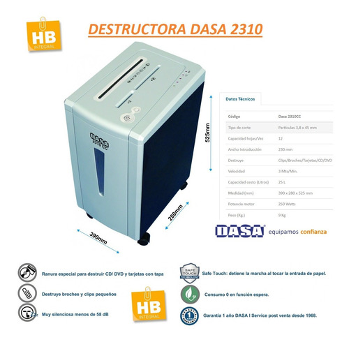 Maquina Destructora Papel Dasa 2310 Trituradora 12hjs 25 Lts