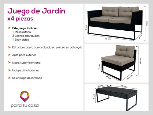Imagen 5 de 11 de Juego De Jardin Sillas Sillones Mesa 4 Pzas Simil Ratan Gris