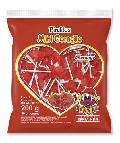 Pirulito Mini Coração Morango Doces Santa Rita 200g - 50 Un.