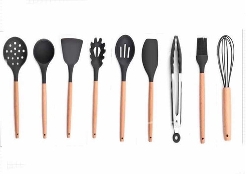 Imagen 2 de 2 de Set X9 Utensilios De Cocina Mango Madera Punta Silicona Rosa