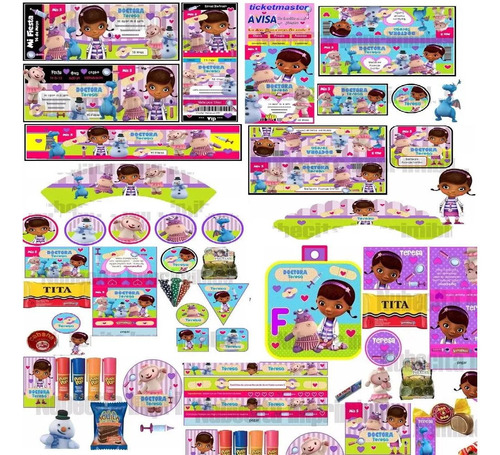 Kit Imprimible Editable Doctora Juguetes, Golosinas Stickers